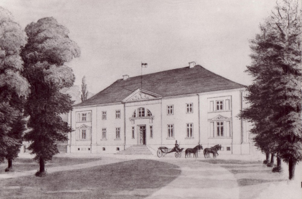 Pferdegespann vor dem Gutshaus